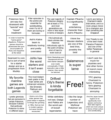 Pokemon Hot Takes Bingo Card