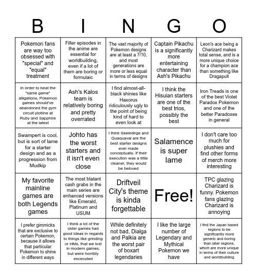 Pokemon Hot Takes Bingo Card