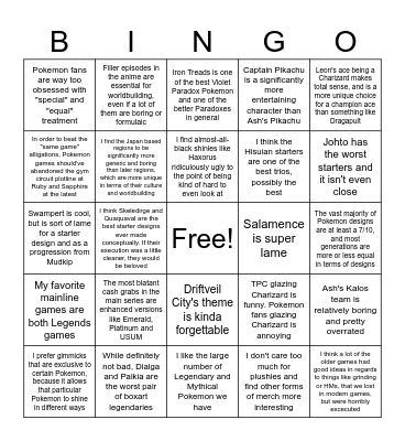 Pokemon Hot Takes Bingo Card