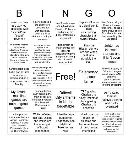 Pokemon Hot Takes Bingo Card