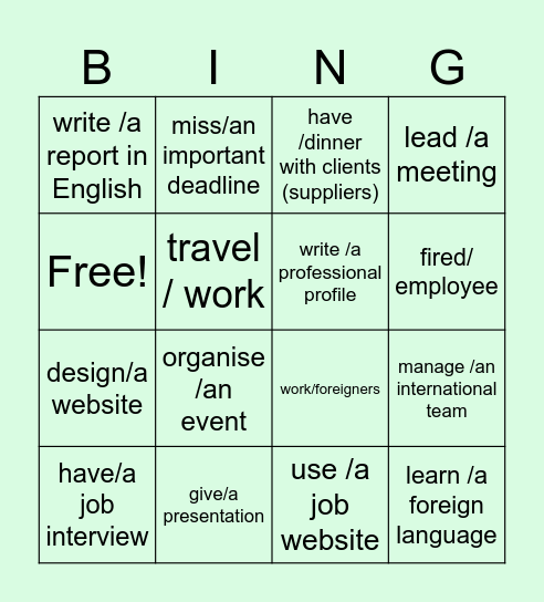 Work-related activities Bingo Card