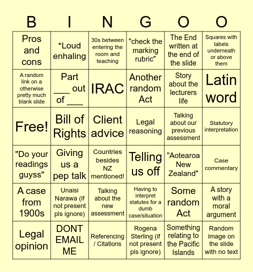 Legal 103 Week 11 (13 May) Legal Writing Part 1 Bingo Card