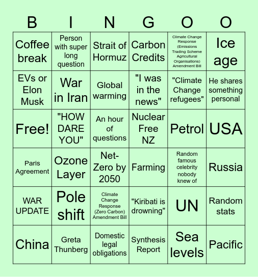 Legal 106 week 11 (May 14) Climate Change Bingo Card