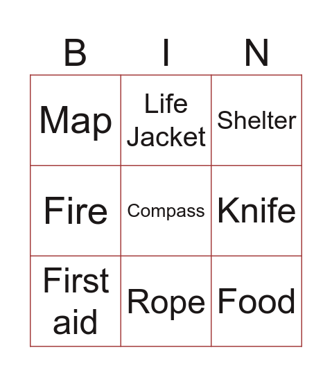 Survival Bingo Card