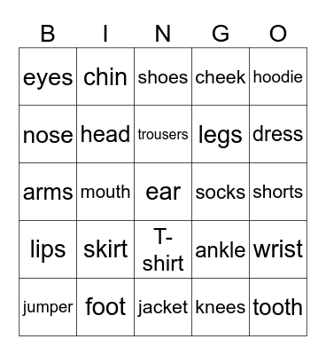 Clothes & Body Parts Bingo Card