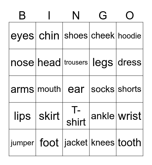 Clothes & Body Parts Bingo Card