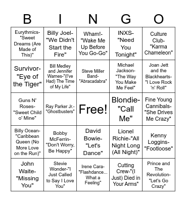 80s Bingo! Bingo Card