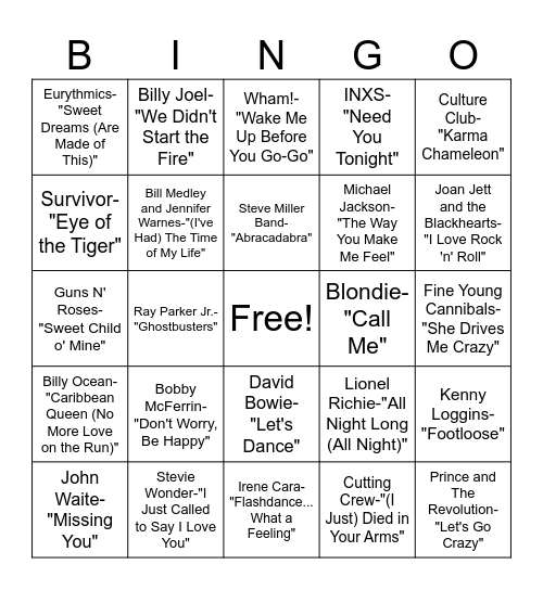 80s Bingo! Bingo Card