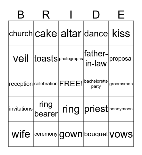 Bridal Bingo Card