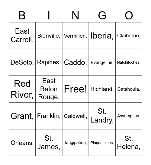 Louisiana Parishes Bingo Card