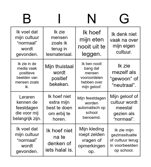 Privilege Bingo Card