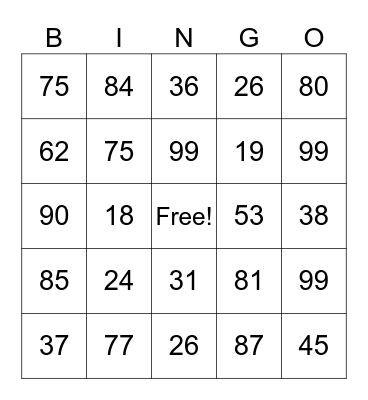 Addition and Subtraction Bingo Card