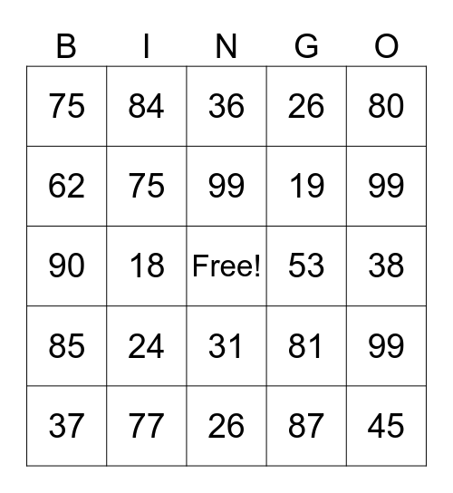 Addition and Subtraction Bingo Card