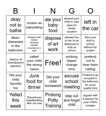 Guilt Bingo Card