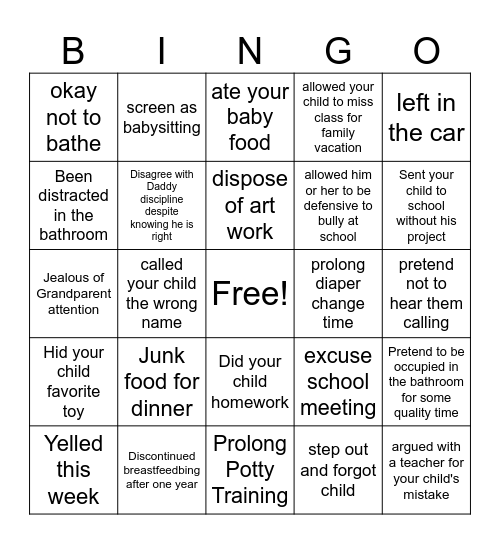 Guilt Bingo Card