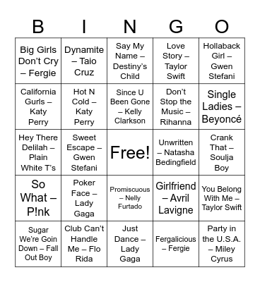 Y2K - Saunders Musical Bingo Card
