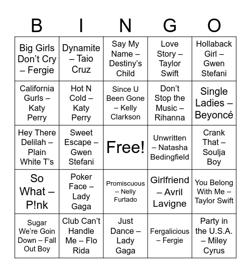 Y2K - Saunders Musical Bingo Card