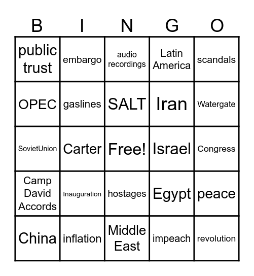 1970s Bingo Card