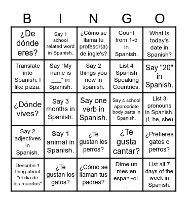 Spanish 1 Bingo Card