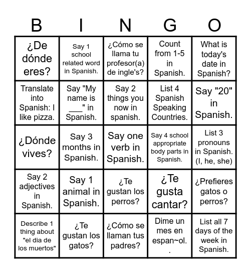 Spanish 1 Bingo Card