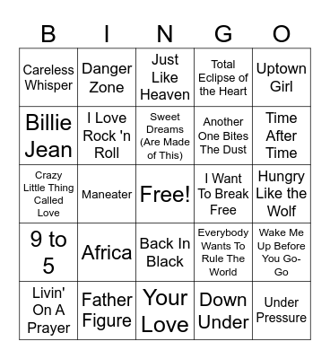 Top Hits of the 80's Bingo Card