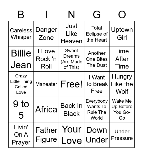 Top Hits of the 80's Bingo Card