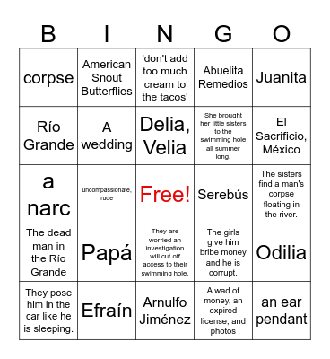 Summer of the Mariposas: Chapters 1-10 Bingo Card