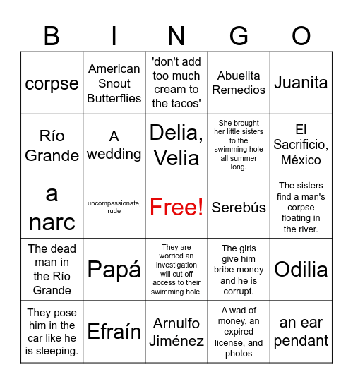 Summer of the Mariposas: Chapters 1-10 Bingo Card