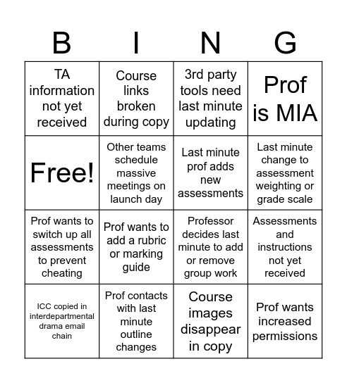 Semester Start Bingo Card