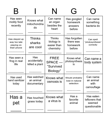 Biology Class Bingo Card