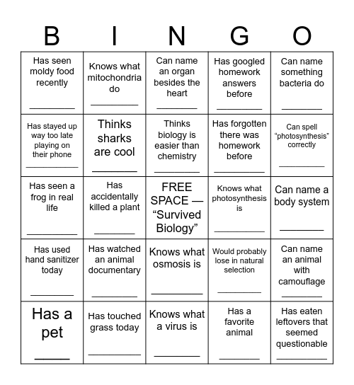Biology Class Bingo Card