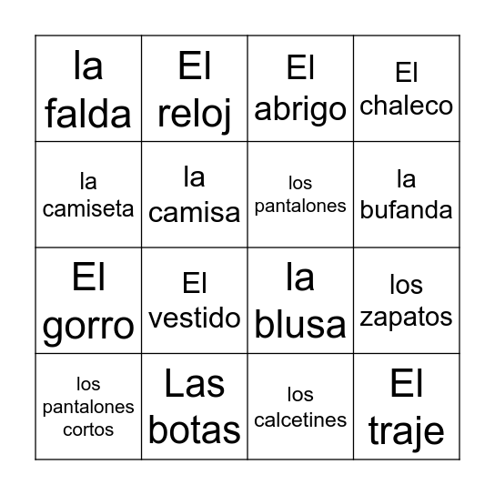 La ropa Bingo Card