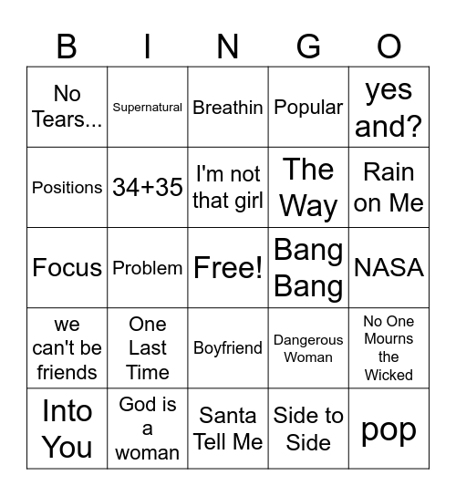 Ariana Grande Music Bingo Card