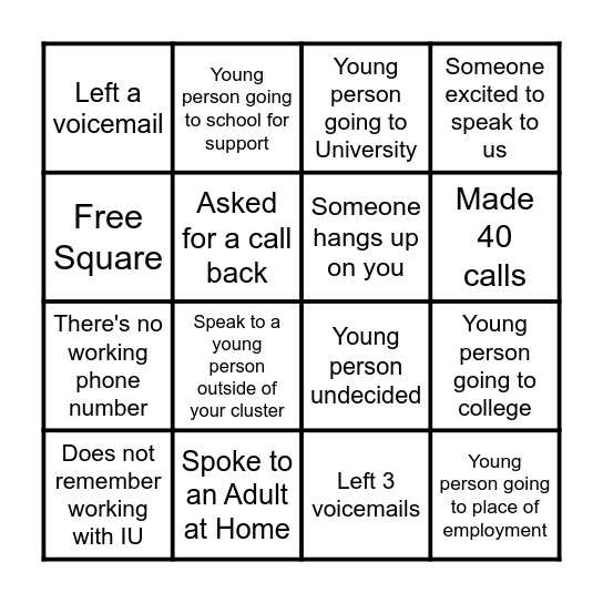 School Leaver Calls Bingo Card