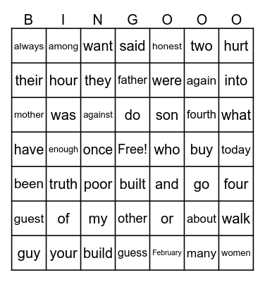 High Frequency Words Bingo Card
