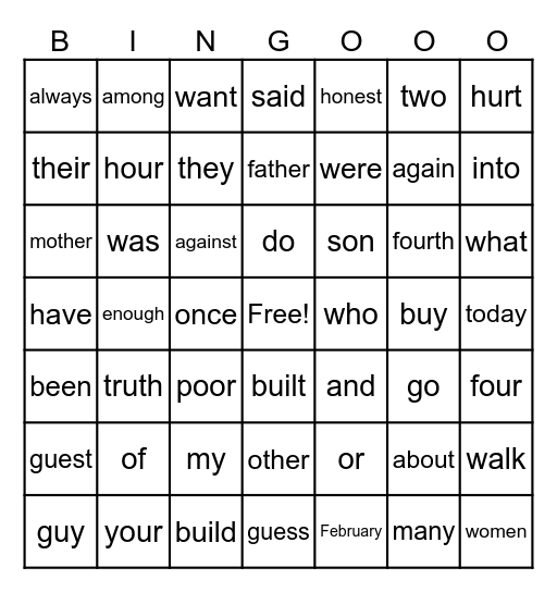 High Frequency Words Bingo Card