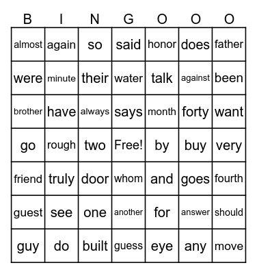 High Frequency Words Bingo Card