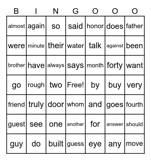 High Frequency Words Bingo Card