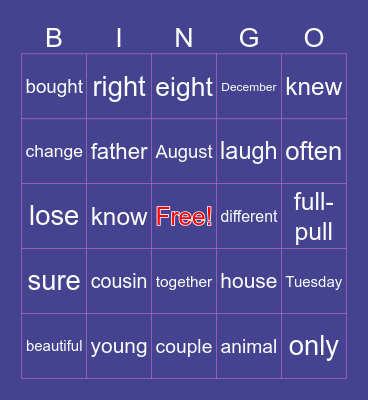 Trick Word Bingo Card