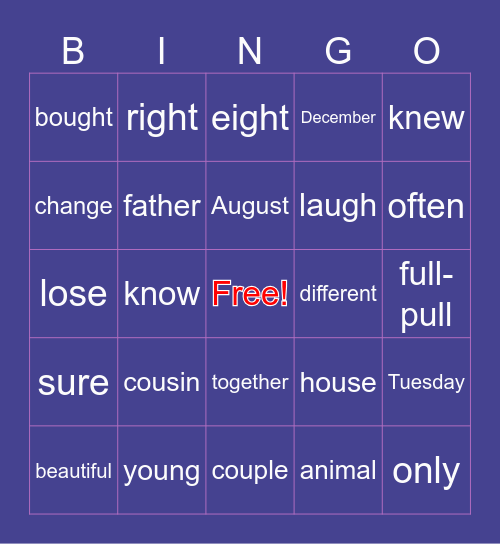 Trick Word Bingo Card