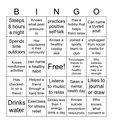 Prevention Week Bingo Card