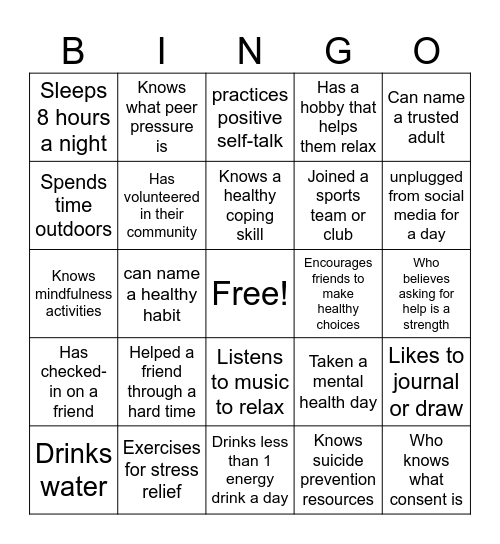 Prevention Week Bingo Card
