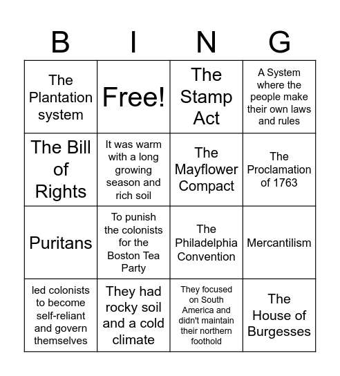 Unit 12 Bingo Card