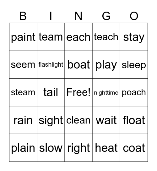 Long vowel pattern words Bingo Card