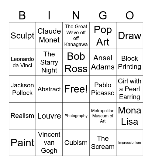 Art Appreciation Bingo Card