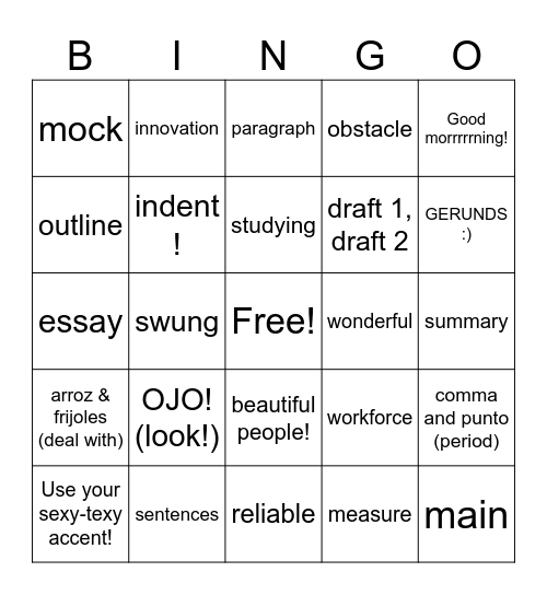 Writing 3 bingo Card
