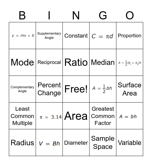7th Math Bingo Card