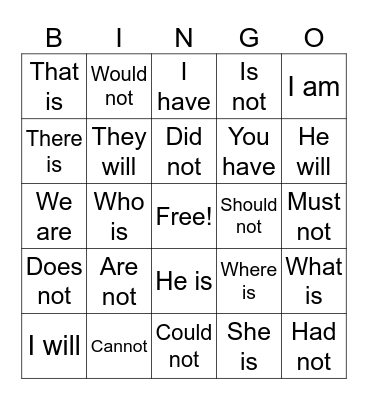 Contractions Bingo Card