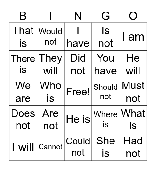 Contractions Bingo Card