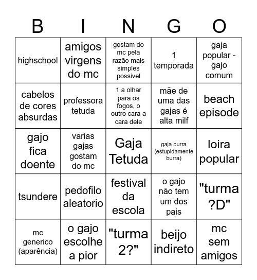 Romance Anime BIngo Card